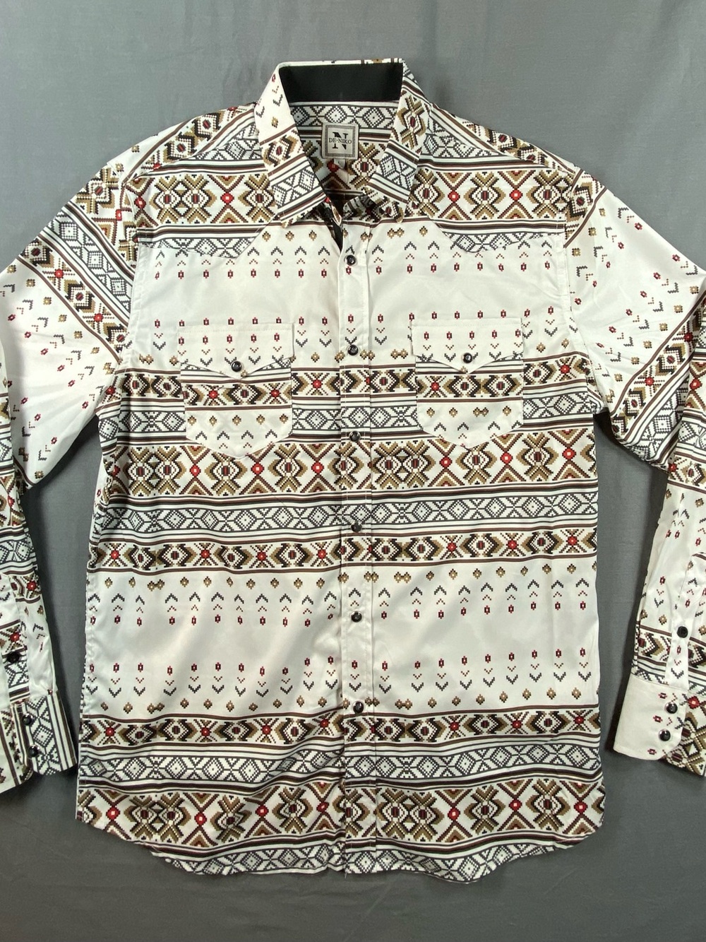 De - Niko Men's White Patterned Long-Sleeve Dress Shirt snap up size L